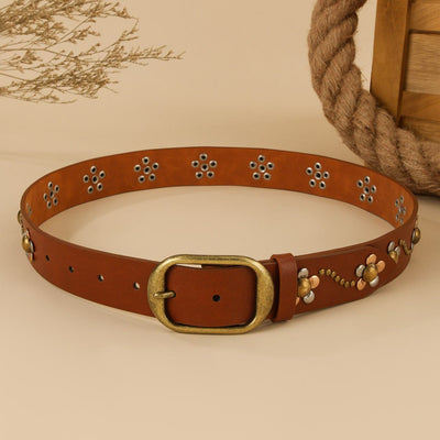Women's Punk Floral Rivets Leather Belt