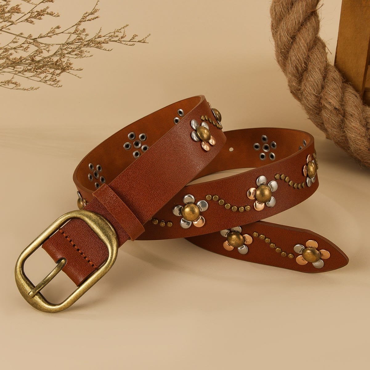 Women's Punk Floral Rivets Leather Belt