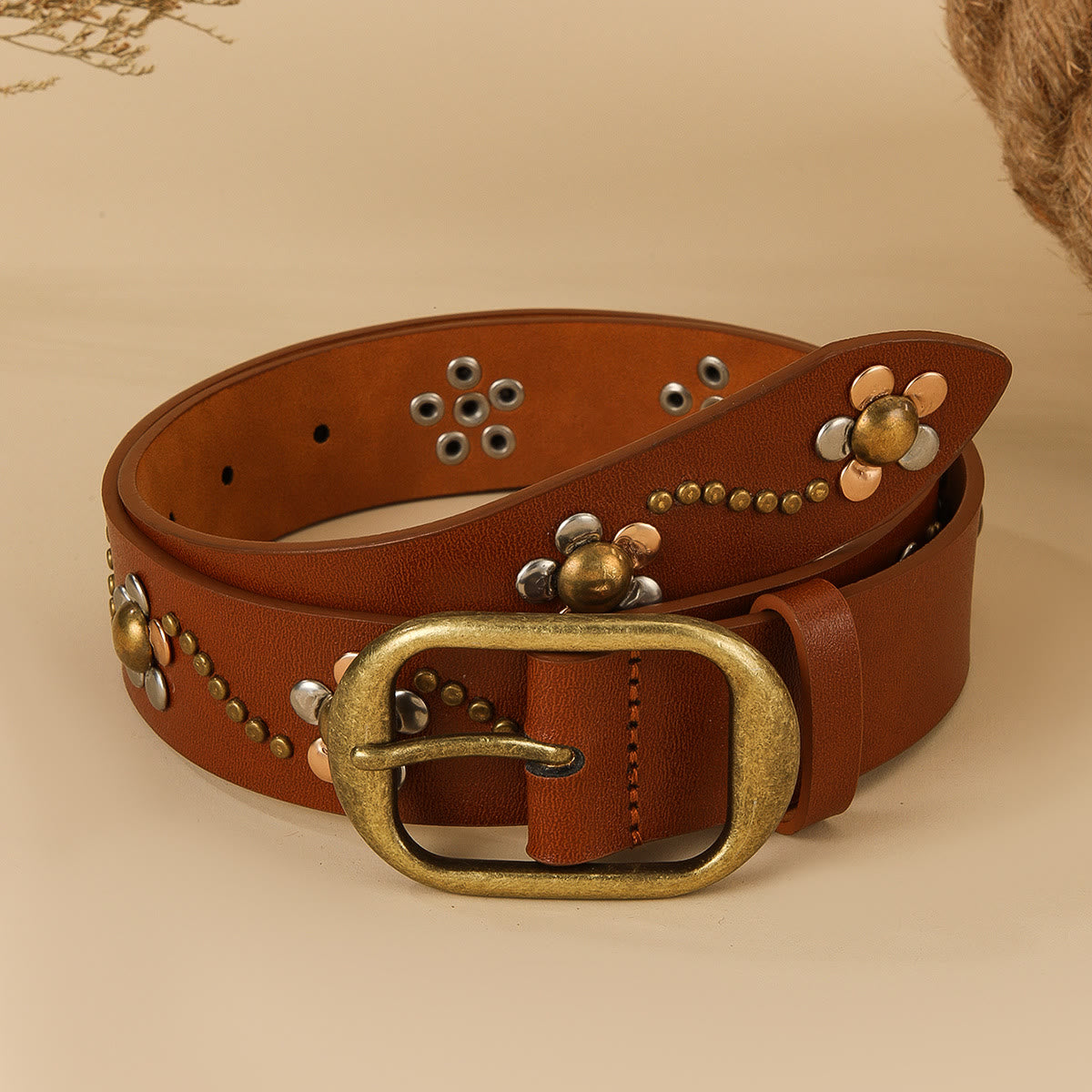 Women's Punk Floral Rivets Leather Belt