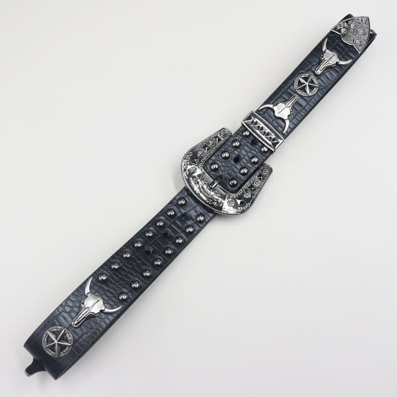 Silver Bull Head Rivet Black Crocodile Print Leather Belt