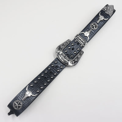 Silver Bull Head Rivet Black Crocodile Print Leather Belt