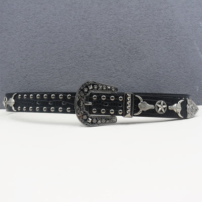 Silver Bull Head Rivet Black Crocodile Print Leather Belt