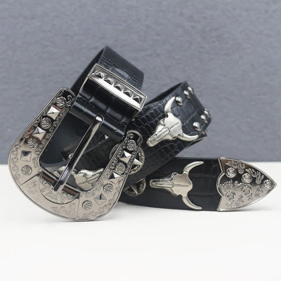 Silver Bull Head Rivet Black Crocodile Print Leather Belt