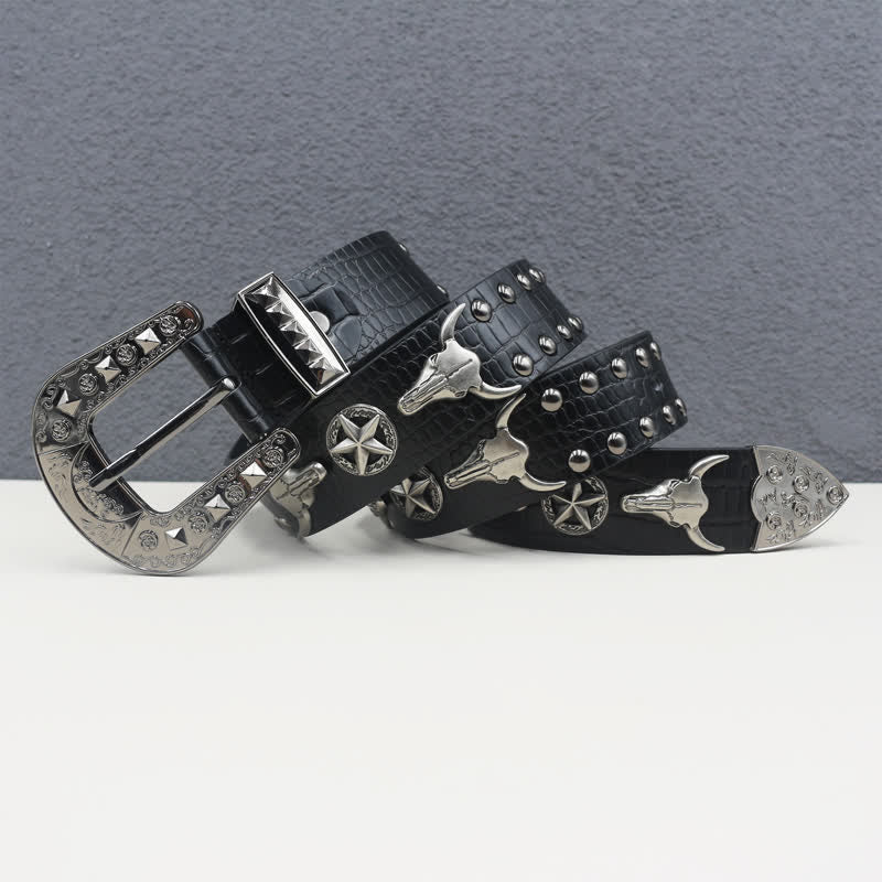 Silver Bull Head Rivet Black Crocodile Print Leather Belt