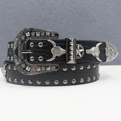 Silver Bull Head Rivet Black Crocodile Print Leather Belt