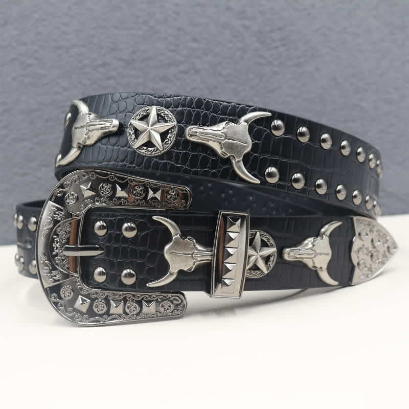 Silver Bull Head Rivet Black Crocodile Print Leather Belt