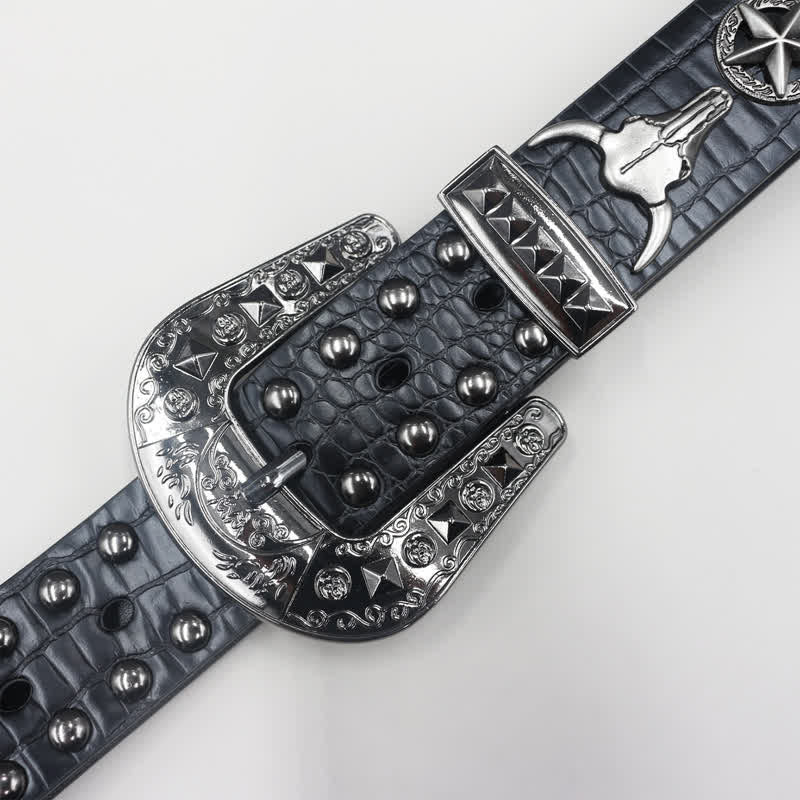 Silver Bull Head Rivet Black Crocodile Print Leather Belt