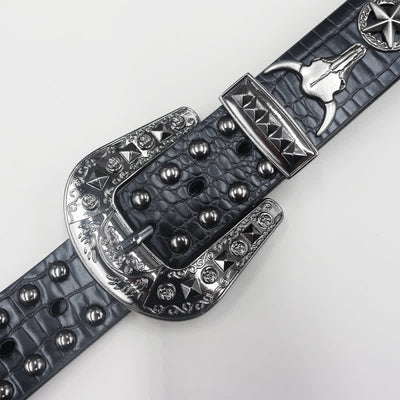 Silver Bull Head Rivet Black Crocodile Print Leather Belt