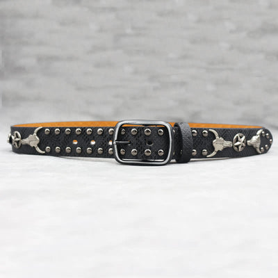 Silver Bull Head Rivet Black Snakeskin Print Leather Belt