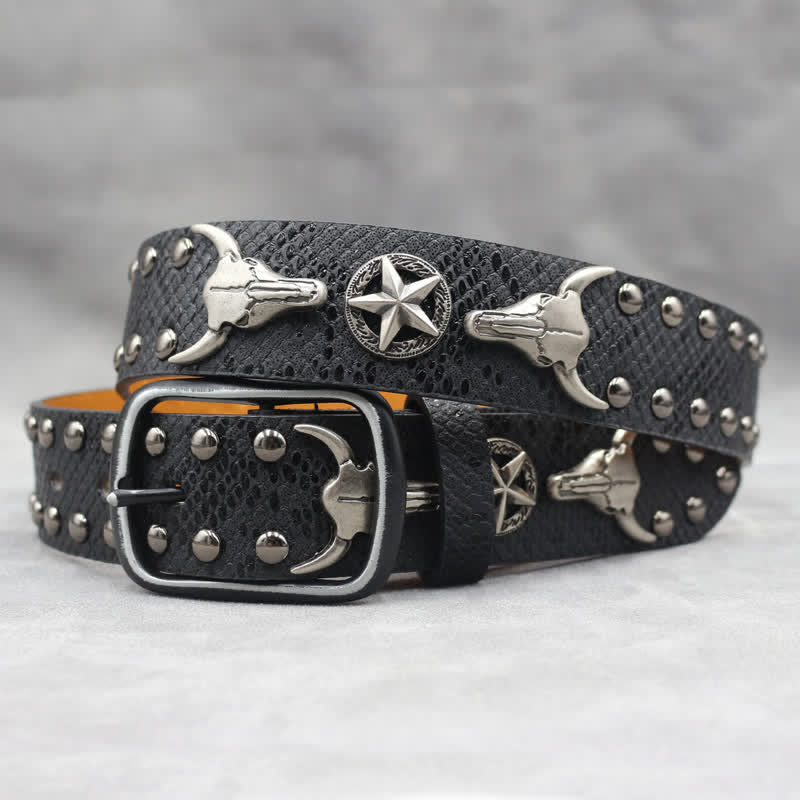 Silver Bull Head Rivet Black Snakeskin Print Leather Belt