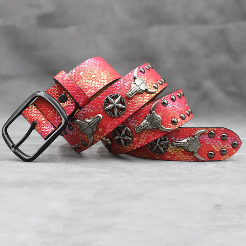 Silver Bull Head Rivet Black Snakeskin Print Leather Belt