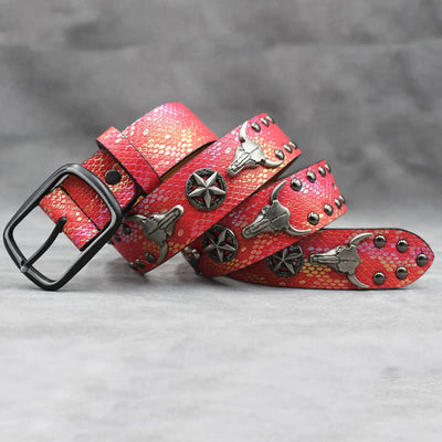 Silver Bull Head Rivet Black Snakeskin Print Leather Belt