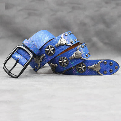 Silver Bull Head Rivet Black Snakeskin Print Leather Belt