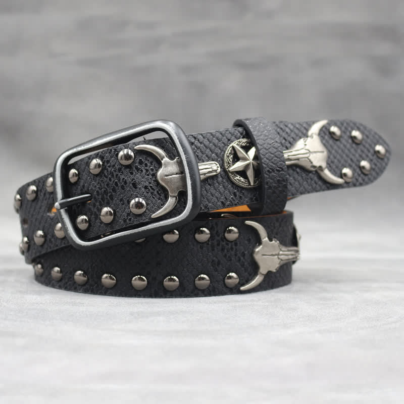 Silver Bull Head Rivet Black Snakeskin Print Leather Belt
