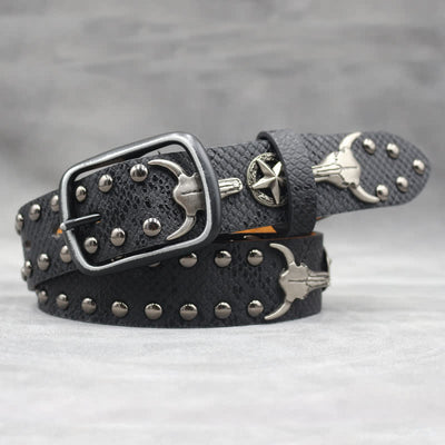Silver Bull Head Rivet Black Snakeskin Print Leather Belt