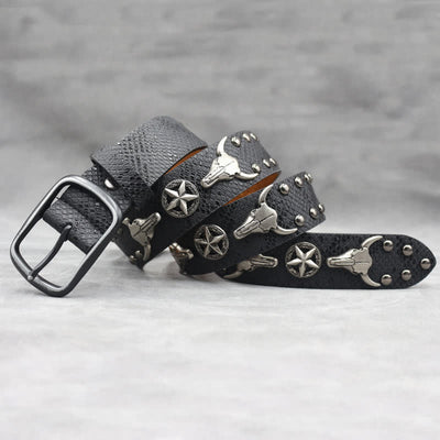 Silver Bull Head Rivet Black Snakeskin Print Leather Belt