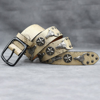 Silver Bull Head Rivet Black Snakeskin Print Leather Belt