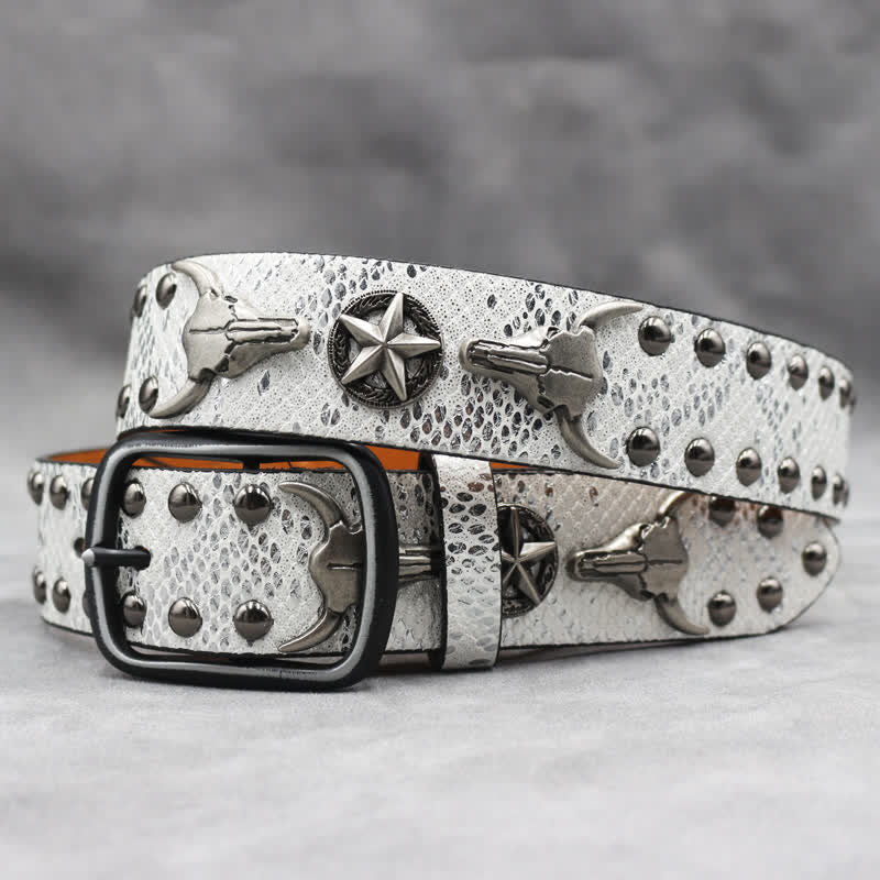Silver Bull Head Rivet Black Snakeskin Print Leather Belt