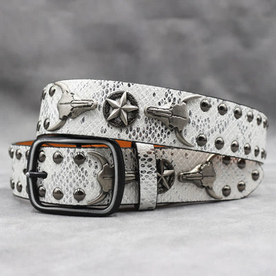Silver Bull Head Rivet Black Snakeskin Print Leather Belt