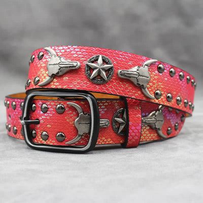 Silver Bull Head Rivet Black Snakeskin Print Leather Belt