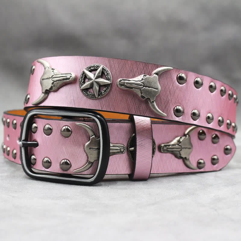 Silver Bull Head Rivet Black Snakeskin Print Leather Belt