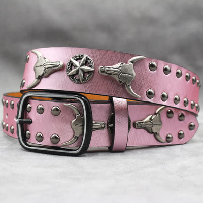Silver Bull Head Rivet Black Snakeskin Print Leather Belt