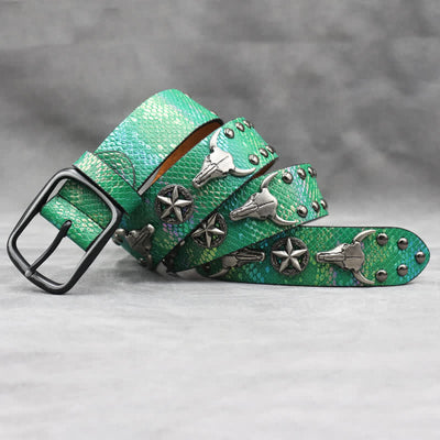 Silver Bull Head Rivet Black Snakeskin Print Leather Belt