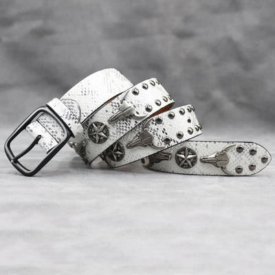 Silver Bull Head Rivet Black Snakeskin Print Leather Belt