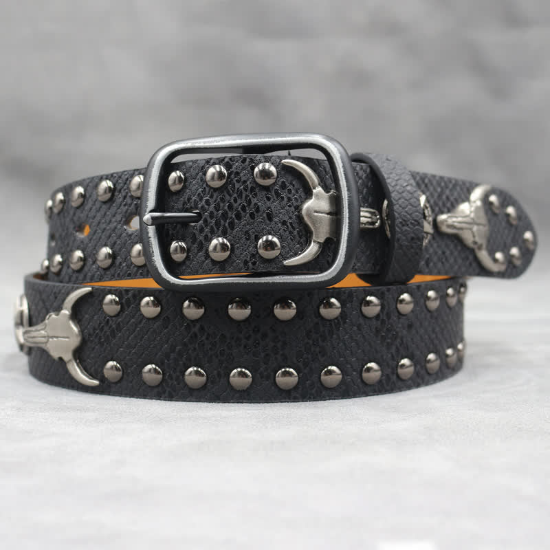 Silver Bull Head Rivet Black Snakeskin Print Leather Belt