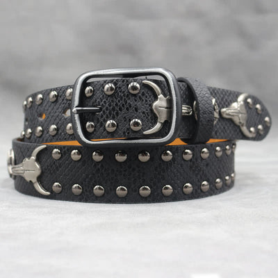 Silver Bull Head Rivet Black Snakeskin Print Leather Belt