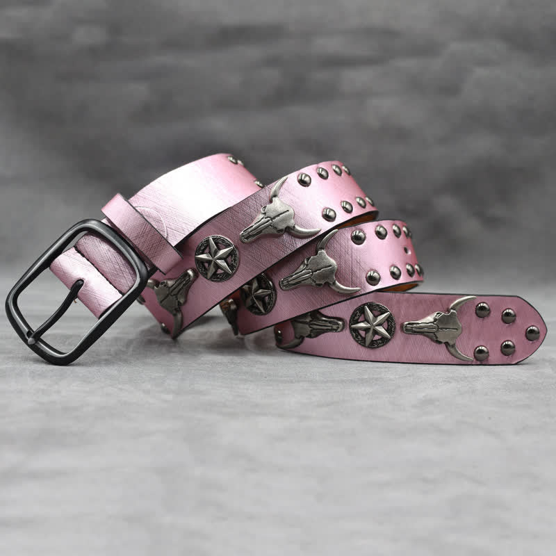 Silver Bull Head Rivet Black Snakeskin Print Leather Belt