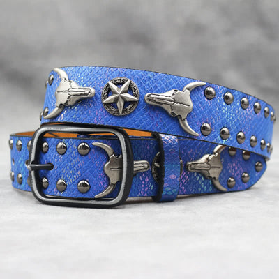 Silver Bull Head Rivet Black Snakeskin Print Leather Belt