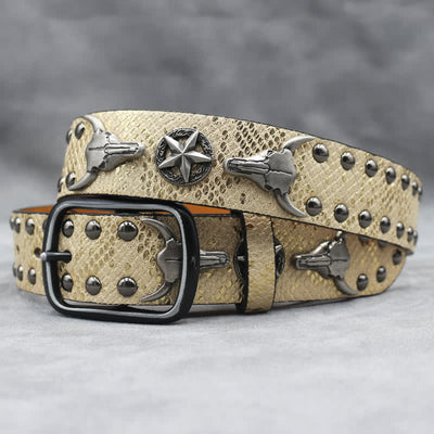 Silver Bull Head Rivet Black Snakeskin Print Leather Belt
