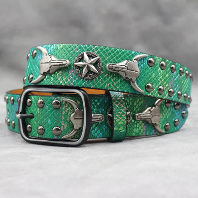 Silver Bull Head Rivet Black Snakeskin Print Leather Belt