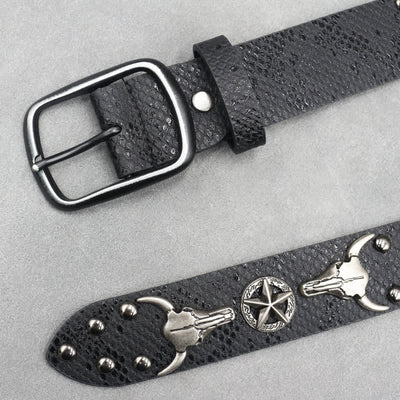 Silver Bull Head Rivet Black Snakeskin Print Leather Belt