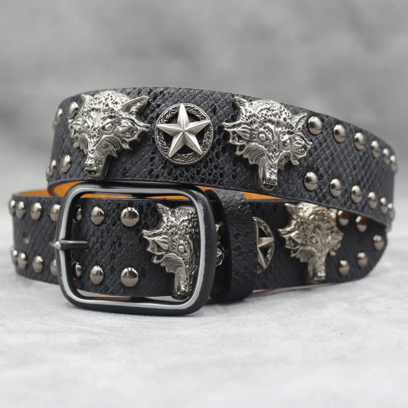 Antique Silver Wolf Head Rivet Black Snakeskin Print Leather Belt
