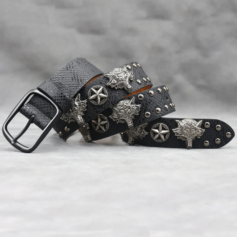 Antique Silver Wolf Head Rivet Black Snakeskin Print Leather Belt