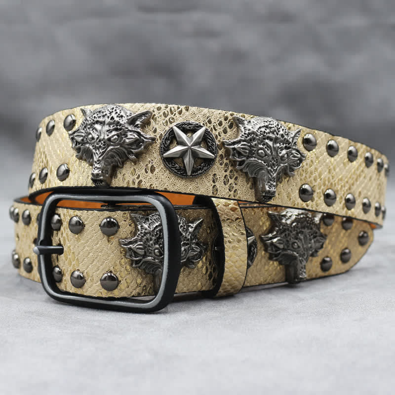 Antique Silver Wolf Head Rivet Black Snakeskin Print Leather Belt