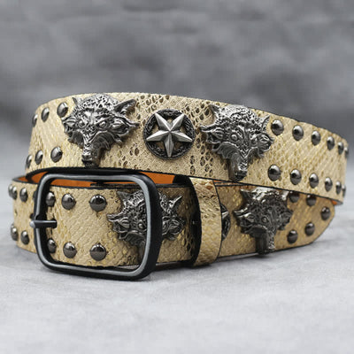 Antique Silver Wolf Head Rivet Black Snakeskin Print Leather Belt
