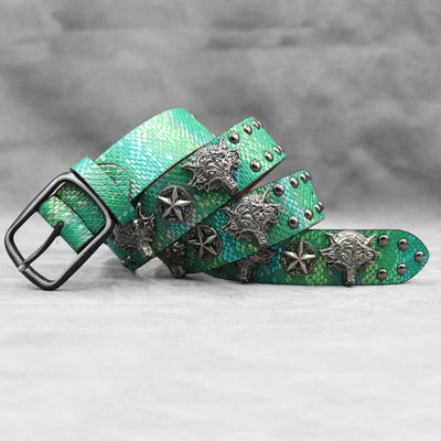 Antique Silver Wolf Head Rivet Black Snakeskin Print Leather Belt