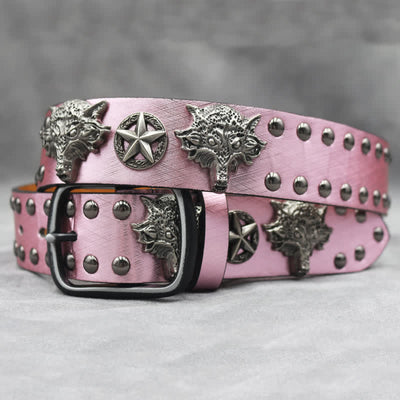 Antique Silver Wolf Head Rivet Black Snakeskin Print Leather Belt