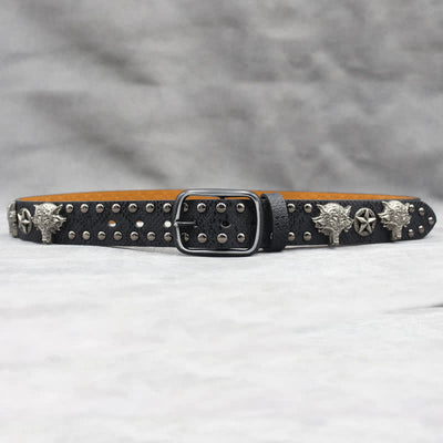 Antique Silver Wolf Head Rivet Black Snakeskin Print Leather Belt
