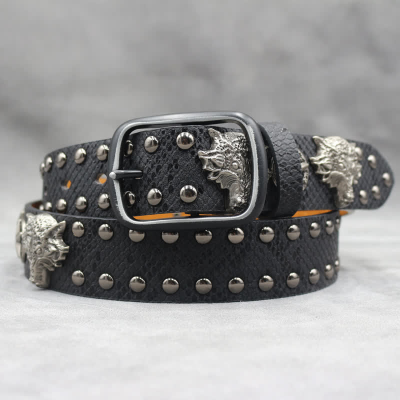 Antique Silver Wolf Head Rivet Black Snakeskin Print Leather Belt