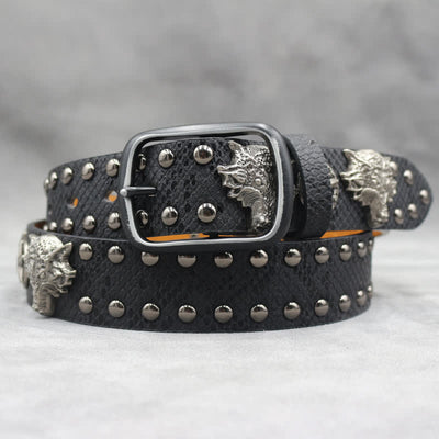 Antique Silver Wolf Head Rivet Black Snakeskin Print Leather Belt