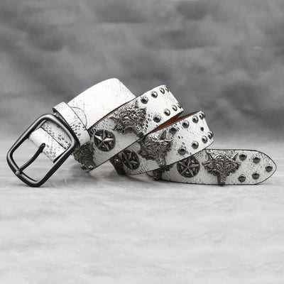 Antique Silver Wolf Head Rivet Black Snakeskin Print Leather Belt