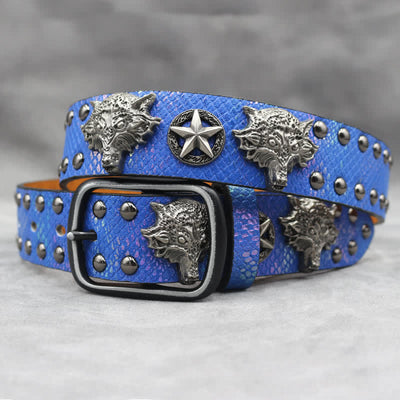 Antique Silver Wolf Head Rivet Black Snakeskin Print Leather Belt