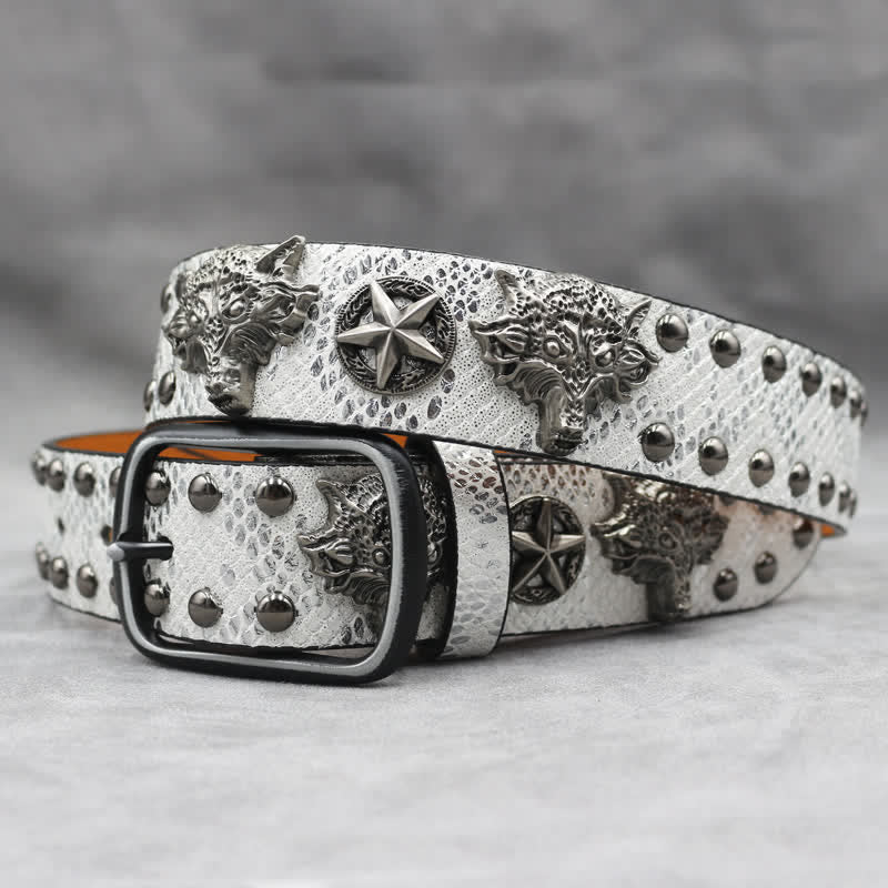 Antique Silver Wolf Head Rivet Black Snakeskin Print Leather Belt