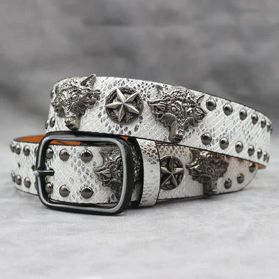 Antique Silver Wolf Head Rivet Black Snakeskin Print Leather Belt
