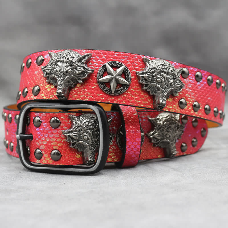 Antique Silver Wolf Head Rivet Black Snakeskin Print Leather Belt