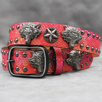 Antique Silver Wolf Head Rivet Black Snakeskin Print Leather Belt